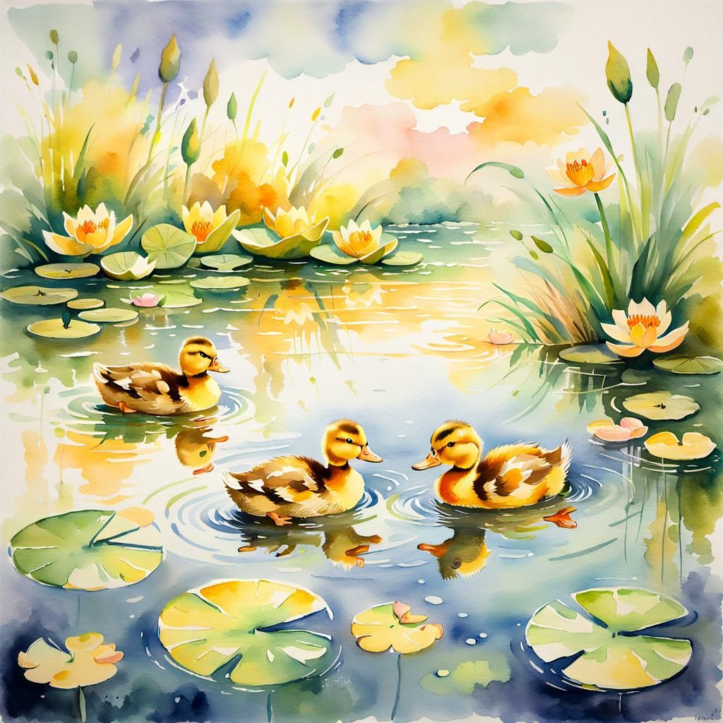 Ducklings on Pond in Impressionist Watercolor Style