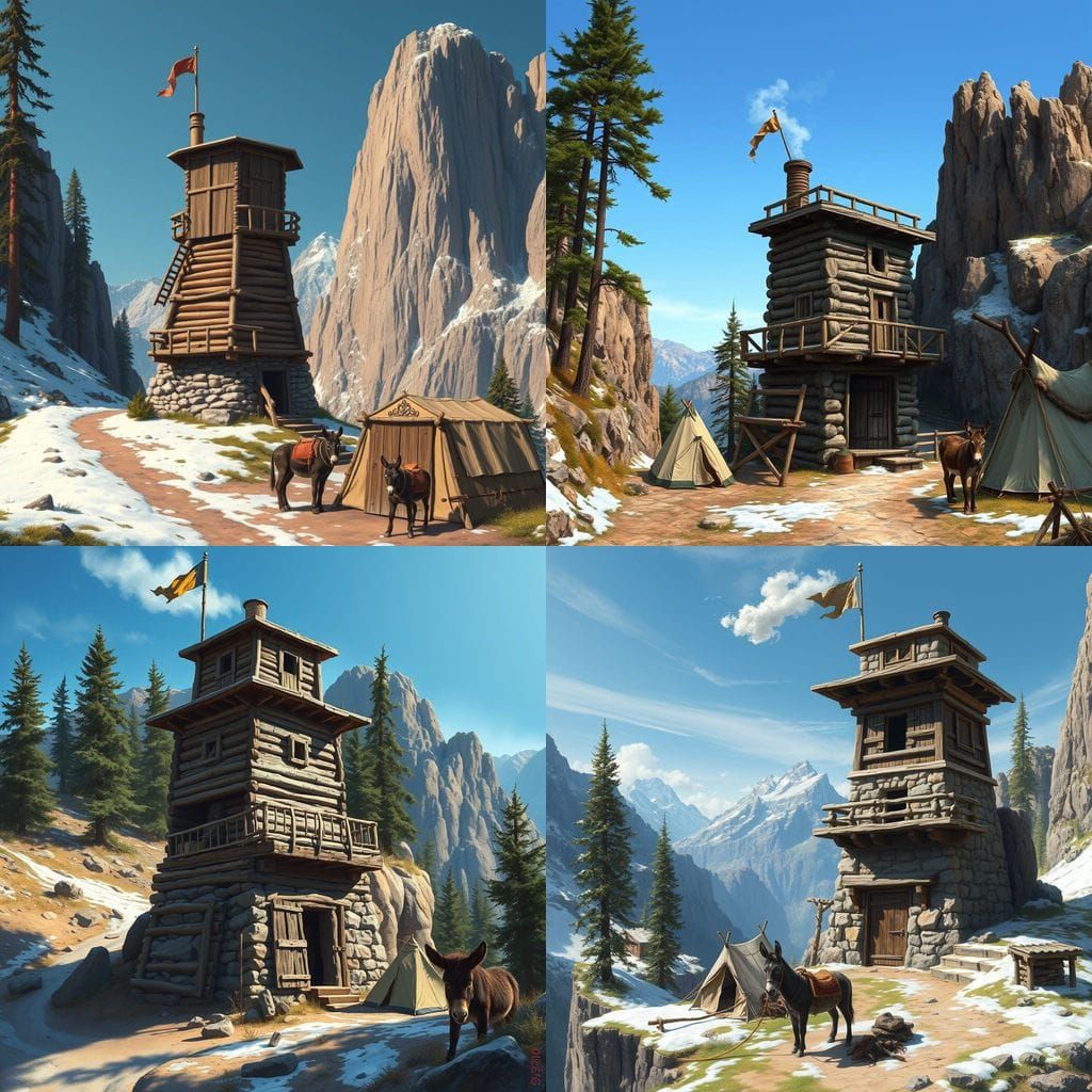 Mountain Watchtower Amidst Pine Trees and Rocky Cliffs in Wi...