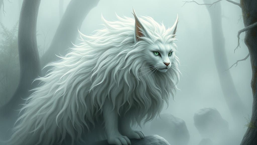 Mystical Crag Cat Emerges from Misty Forest