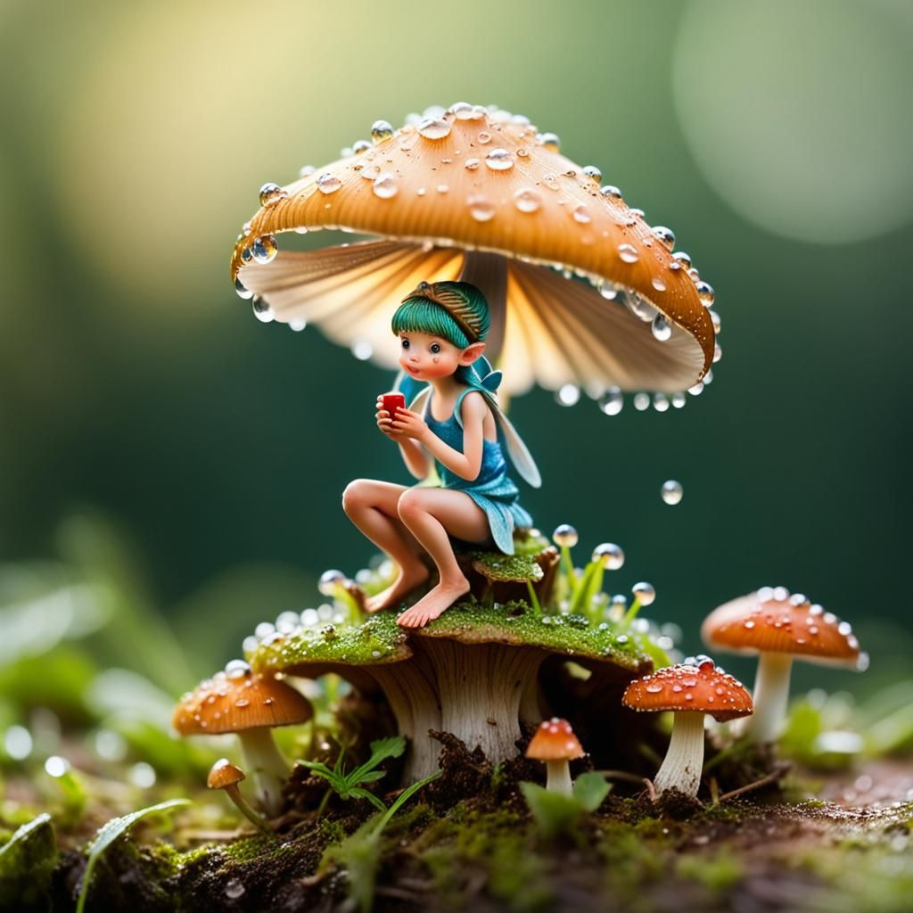 Macro Fairy on Mushroom with Dewdrops
