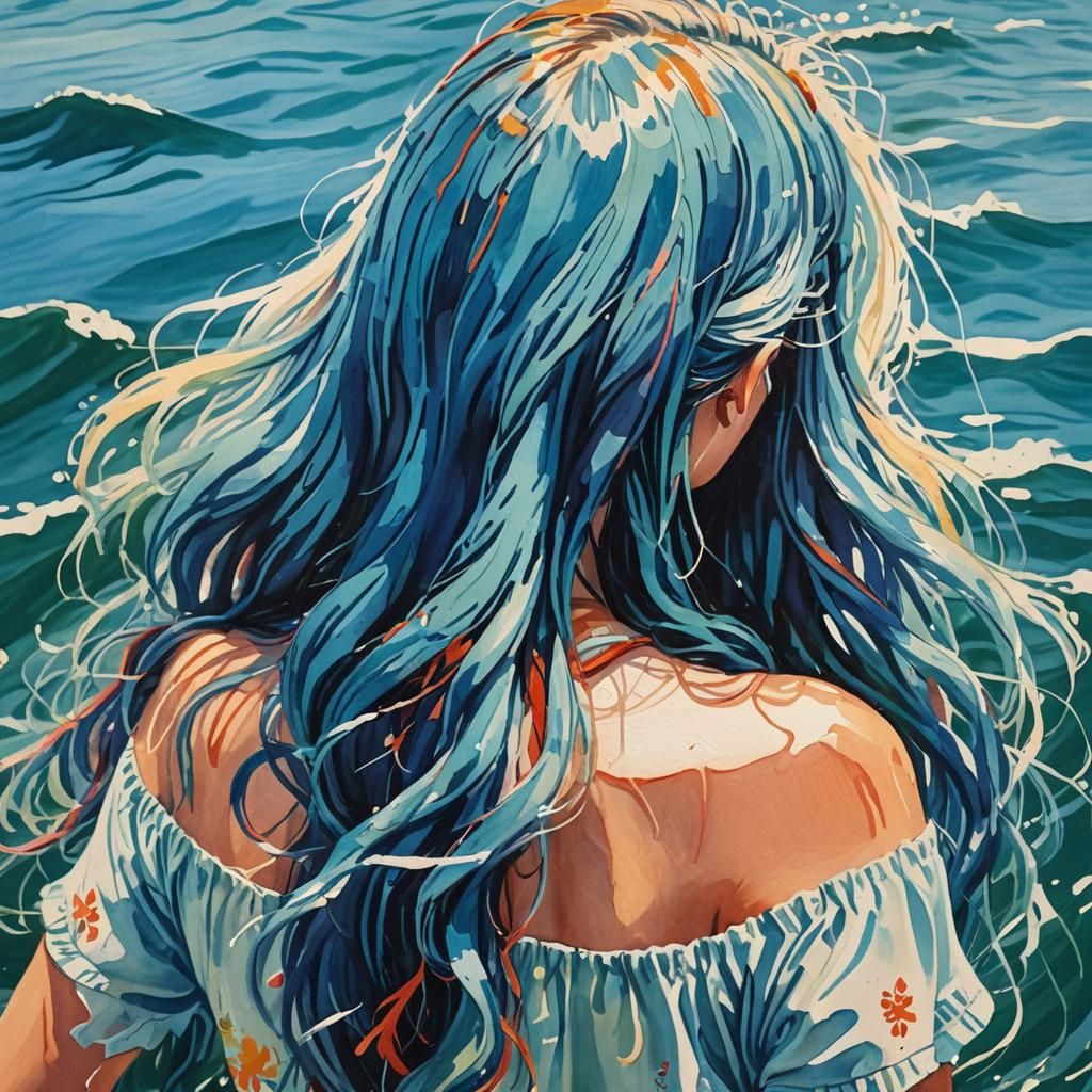 Girl Watching Dolphins Gouache Painting