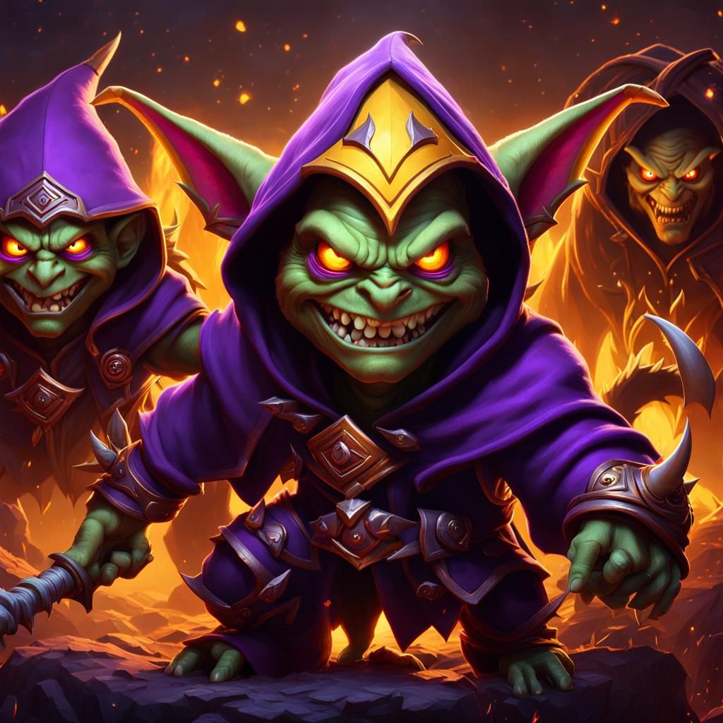 Goblin Warlock with Imp Minions, Detailed Matte Painting