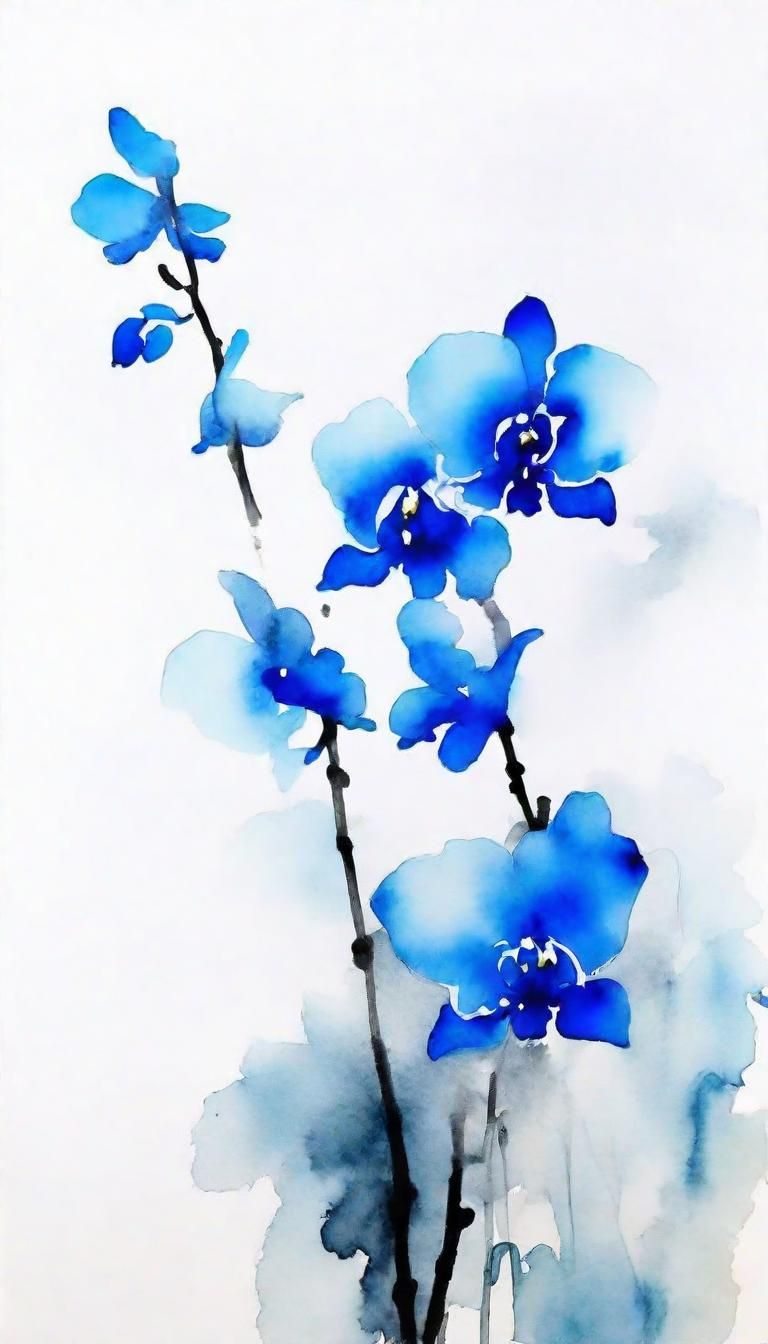 Blue Orchid Flowers in Abstract Chinese Ink Painting