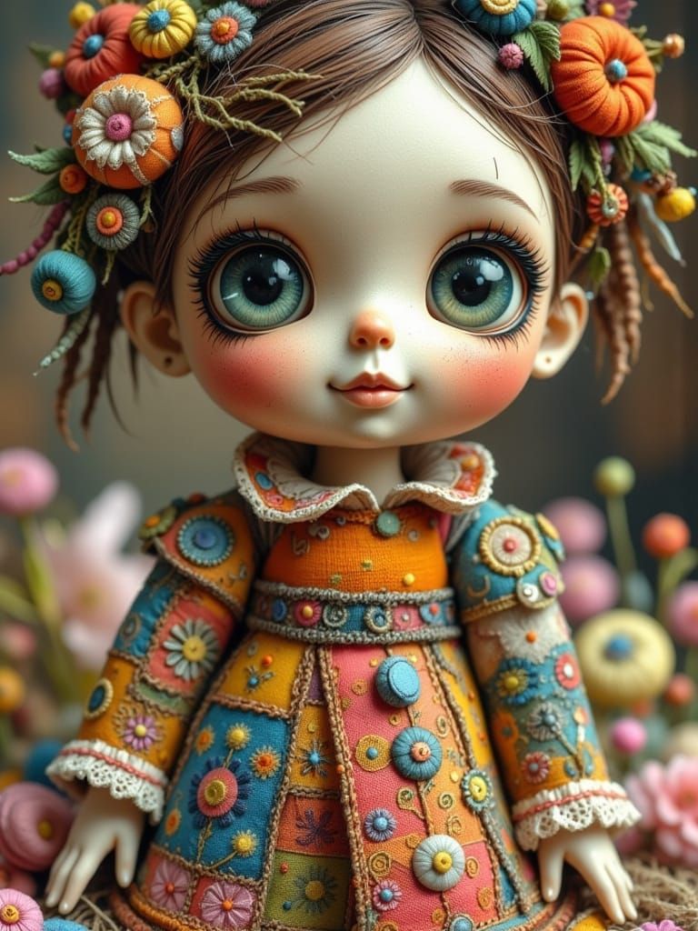 Whimsical Watercolor Doll in a Patchwork Sackcloth World