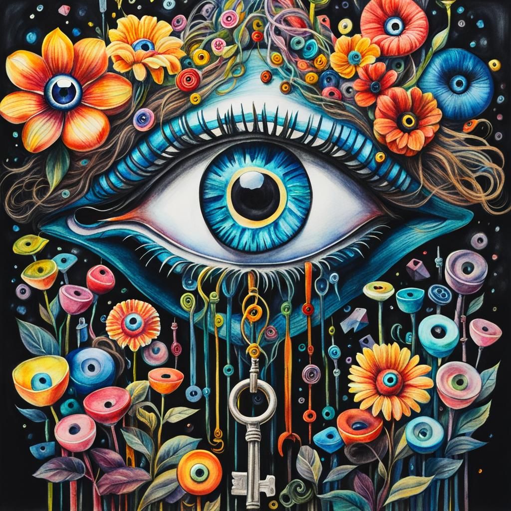 Gothic  evil eye  keys ,  Kids Crayon drawings ,surreal (chi...