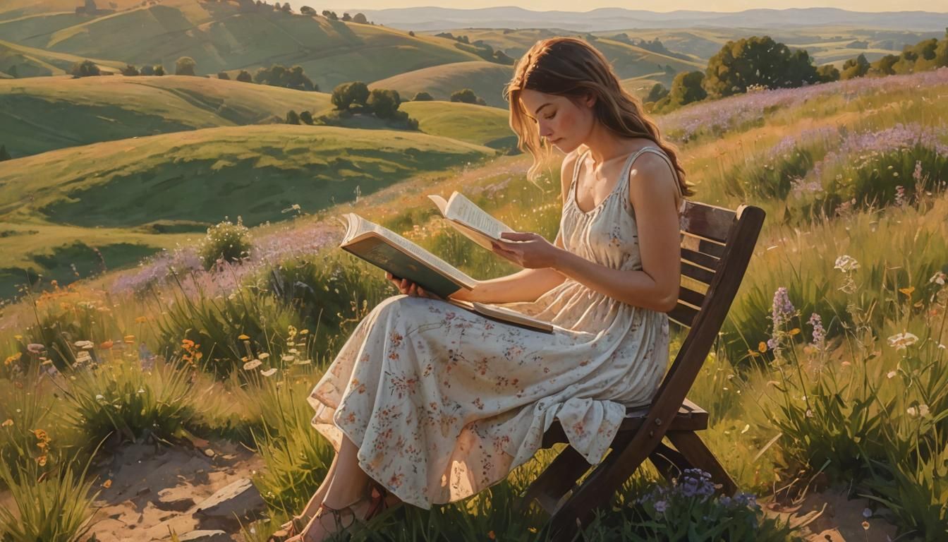 Girl Reading Book in Impressionist Landscape
