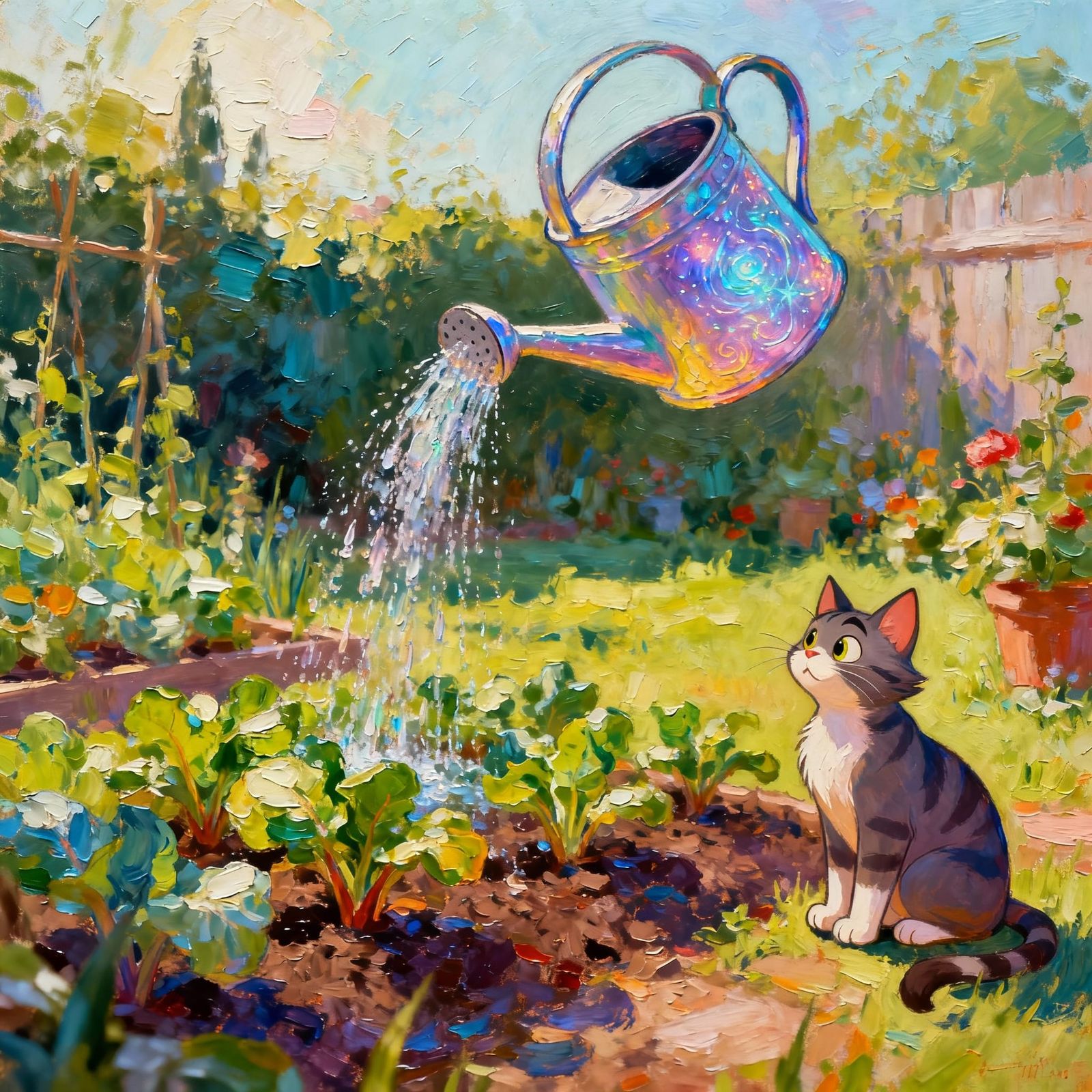 Magical Watering Can Tends Garden While Cat Watches