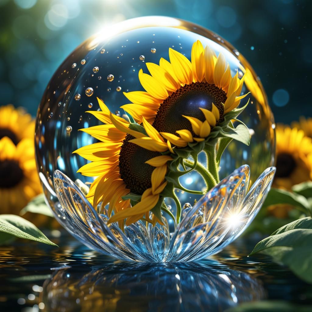 Sunflower in Crystal Orb: Hyperrealistic Photography