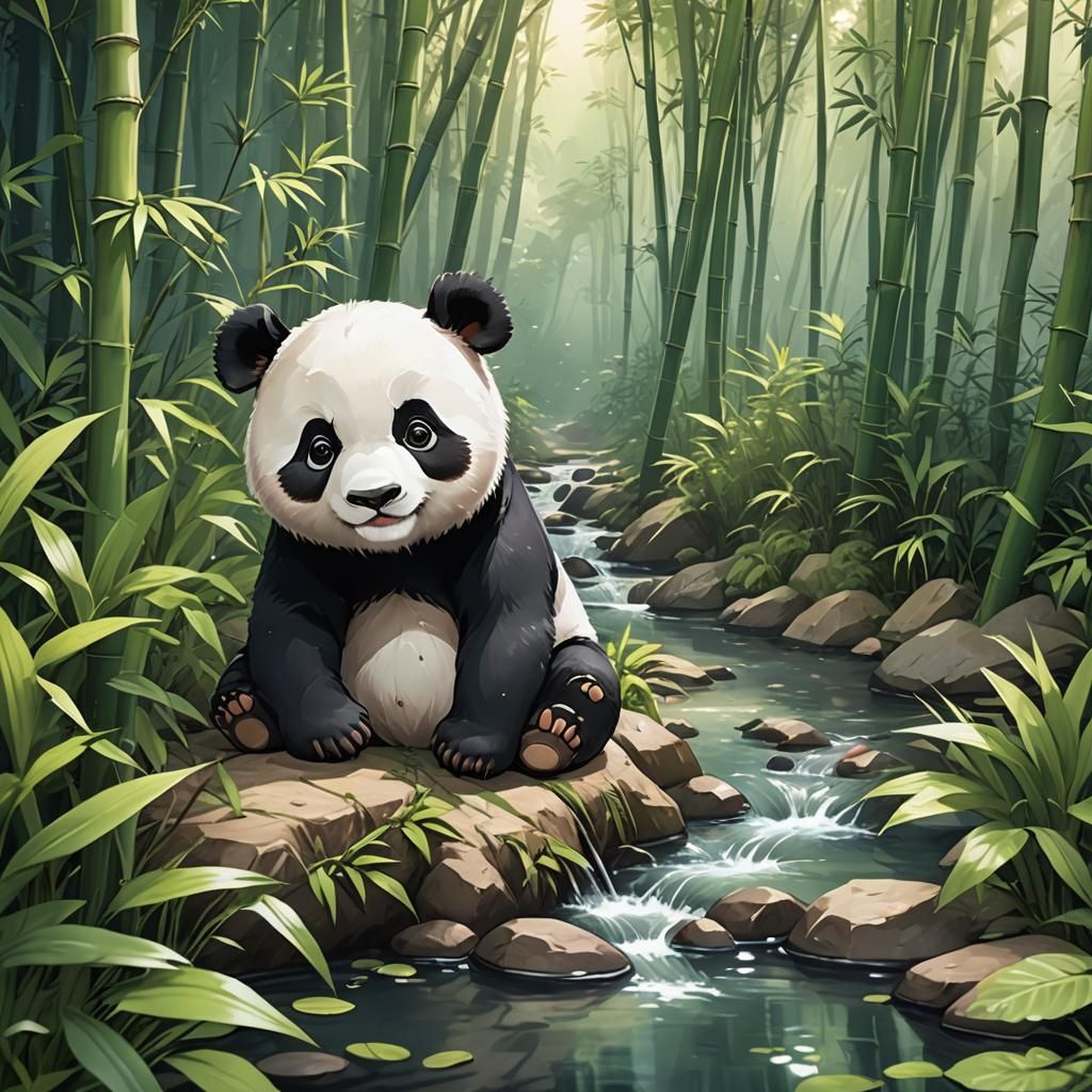 Panda Bear in Bamboo Forest, Anime Style