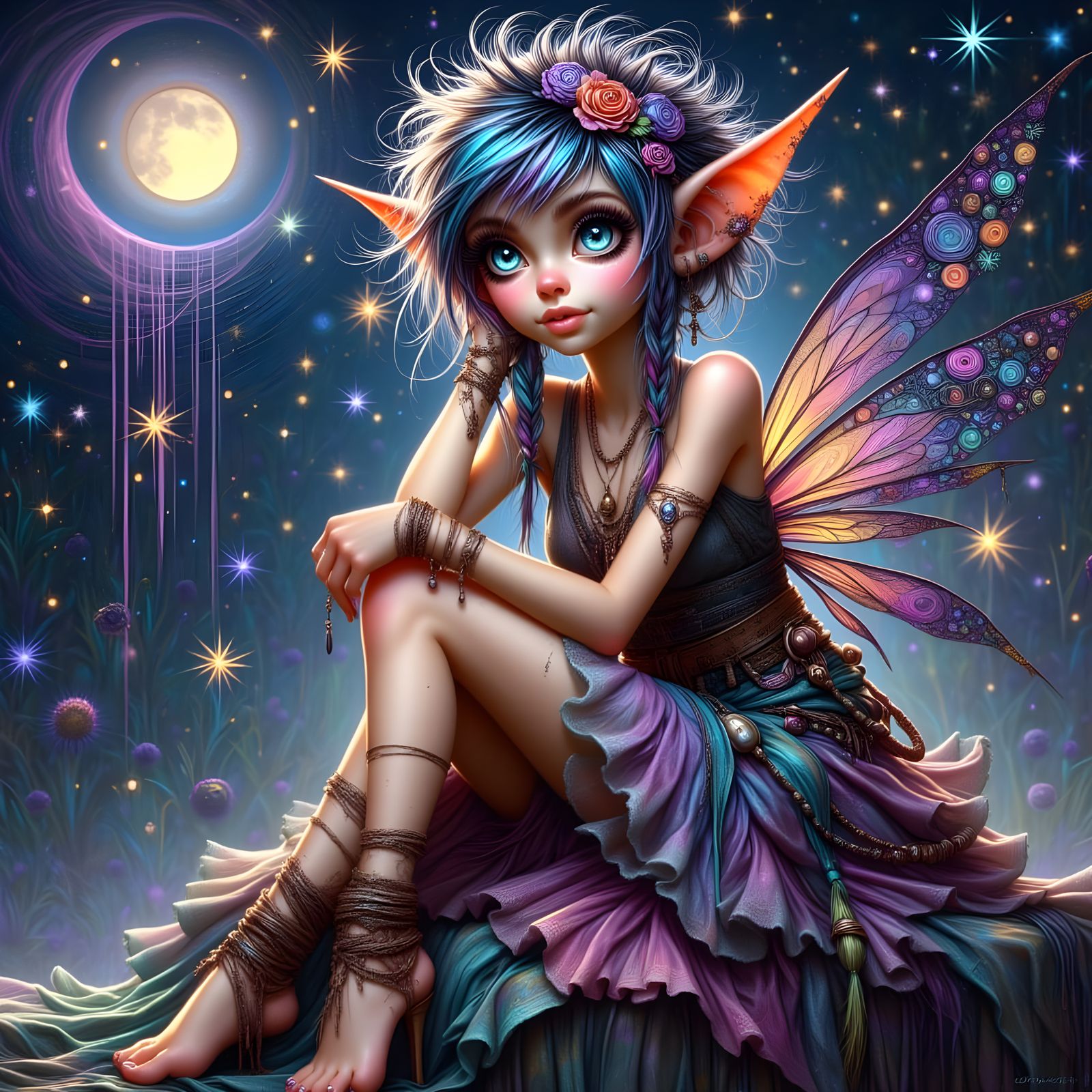 <lora:Punky Pixies:1.0> digital art, octane render: whimsical punky pixie in a bohemian vibrant swirling dress, large ex...