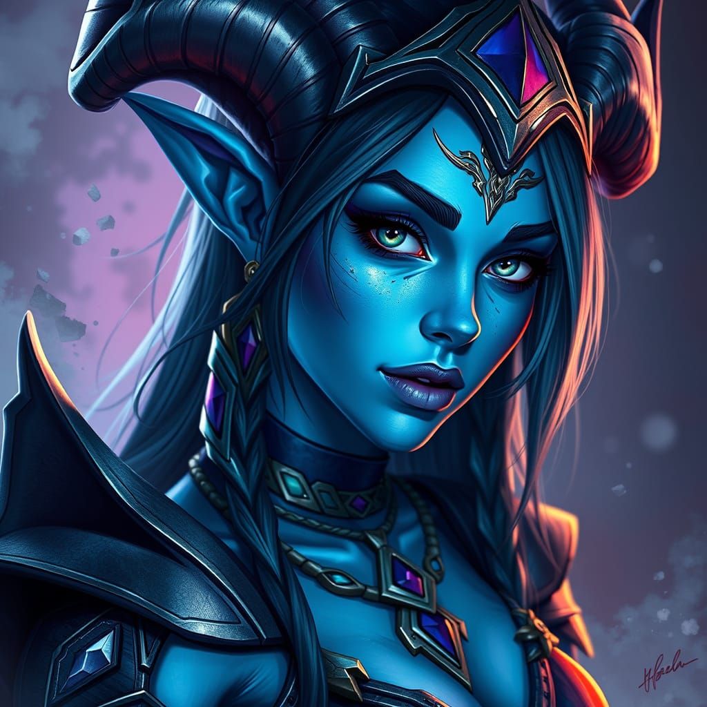Blue-Skinned Draenei Woman in Goth Outfit