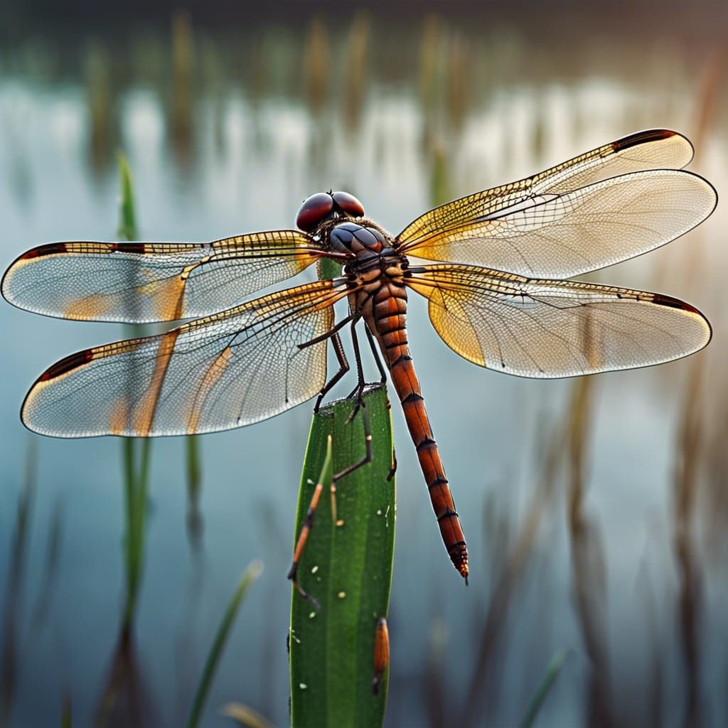 Detailed Close-Up of a Dragonfly in Wetlands