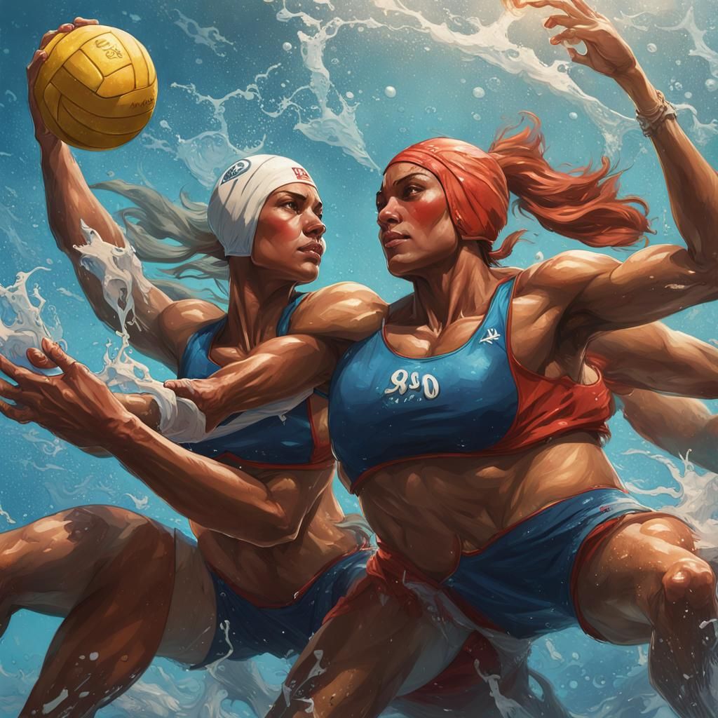 Muscular Women Water Polo Portrait in Hyperdetailed Style