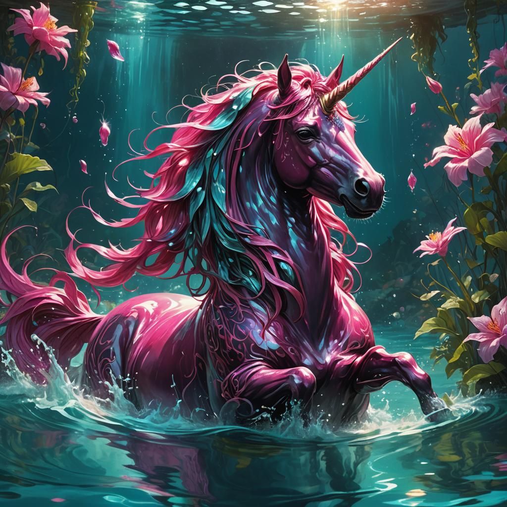 fuchsia pink unicorn swimming on turquoise blue water