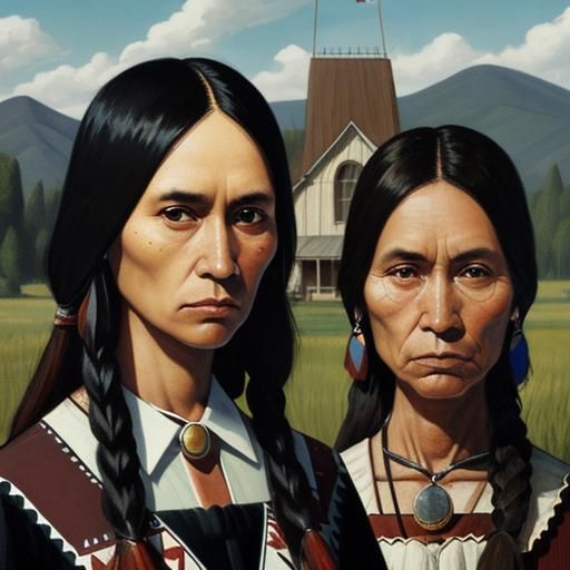 Native American Woman in American Gothic Style
