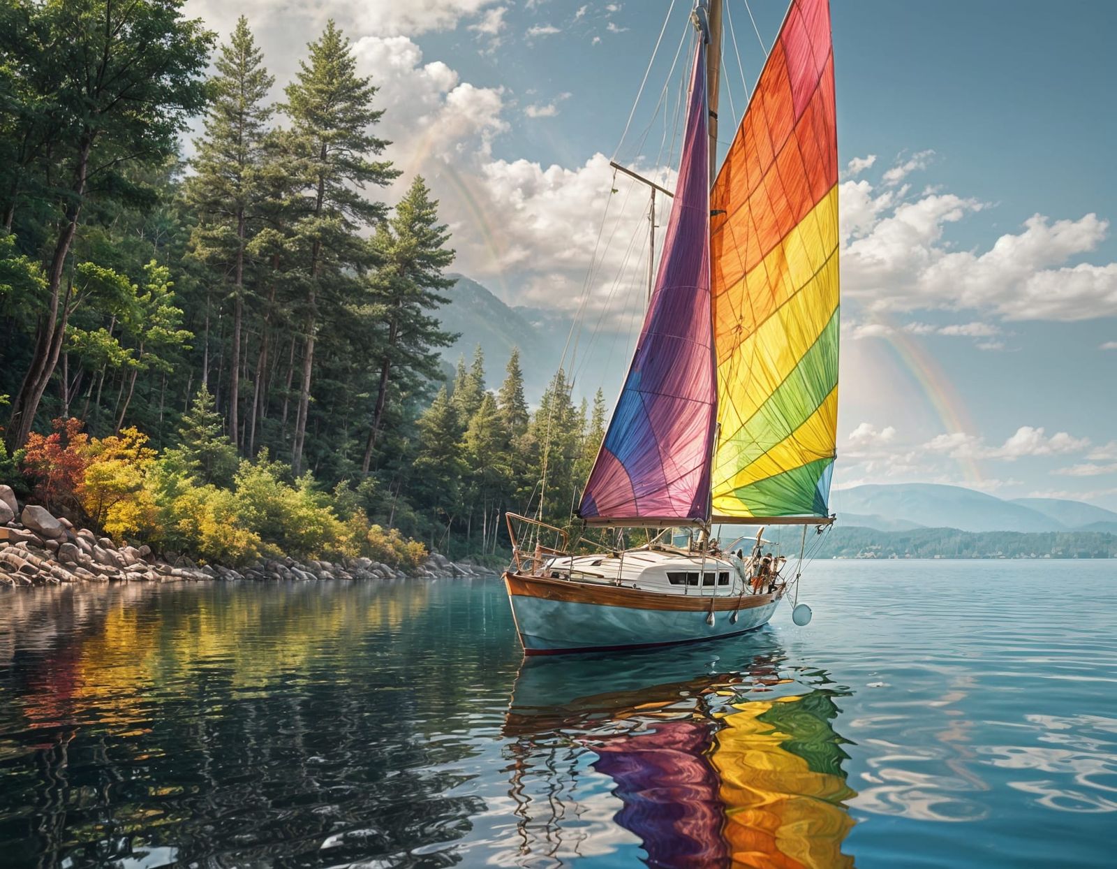 Rainbow Sailboat on Glassy Lake