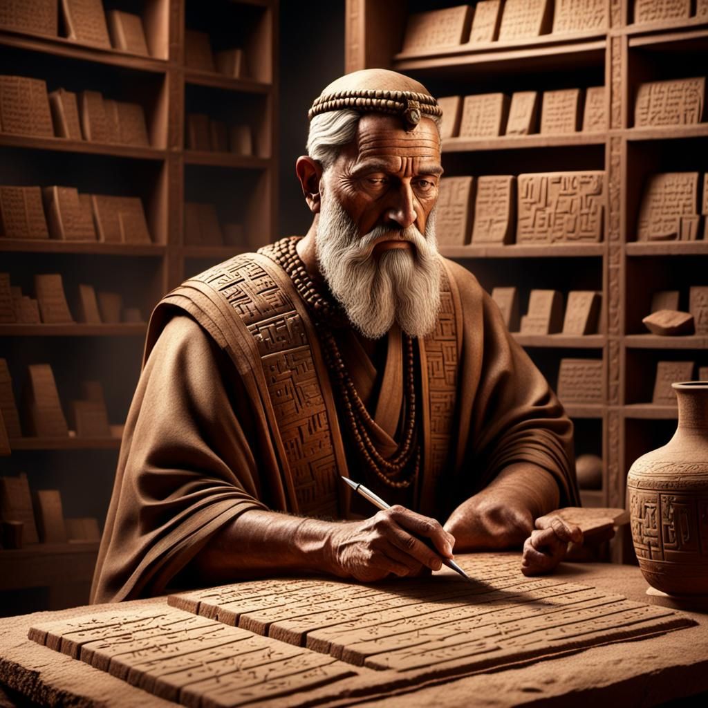 Babylonian Scholar Writes Cuneiform on Clay Tablets