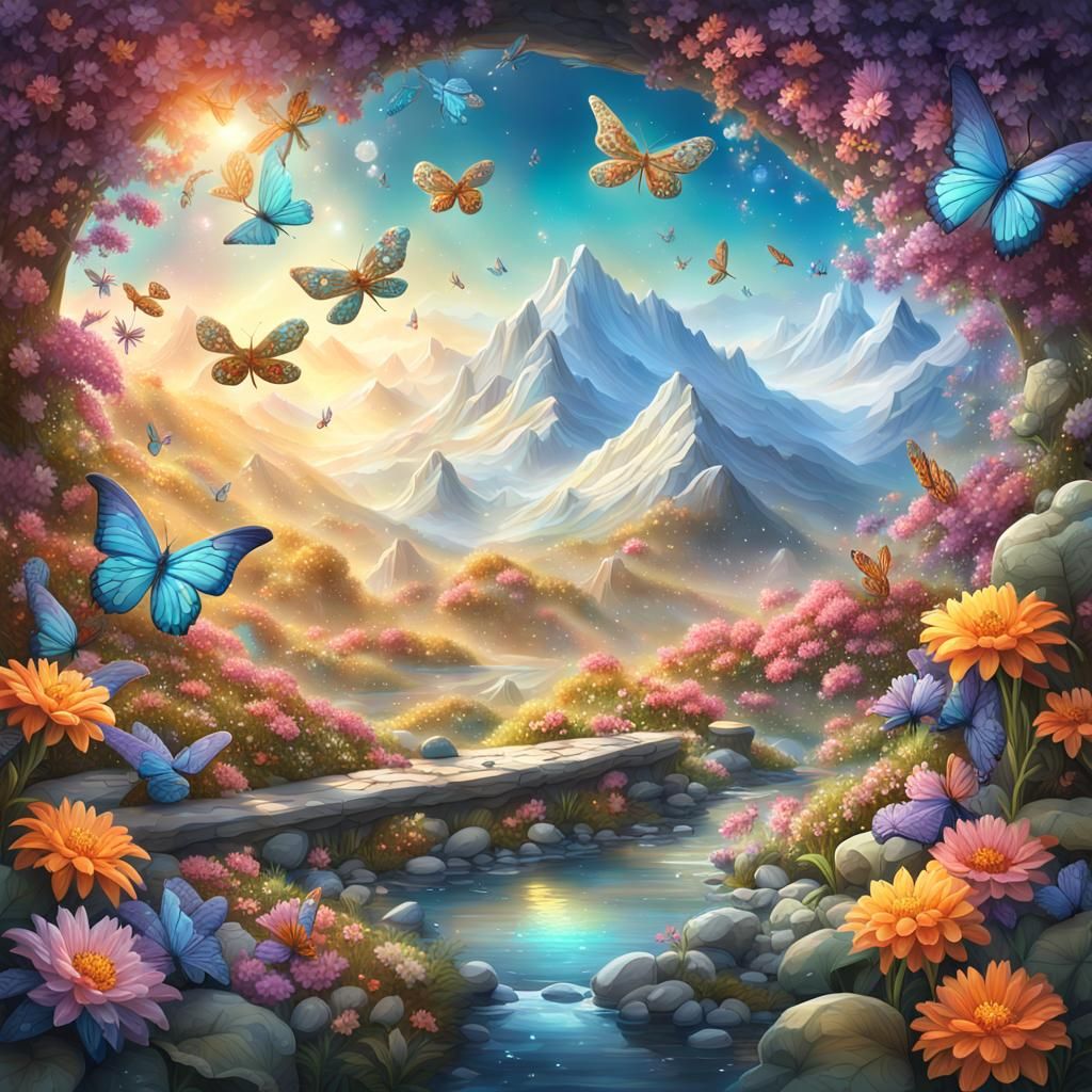 Magical Garden with Butterflies and Snow Mountains