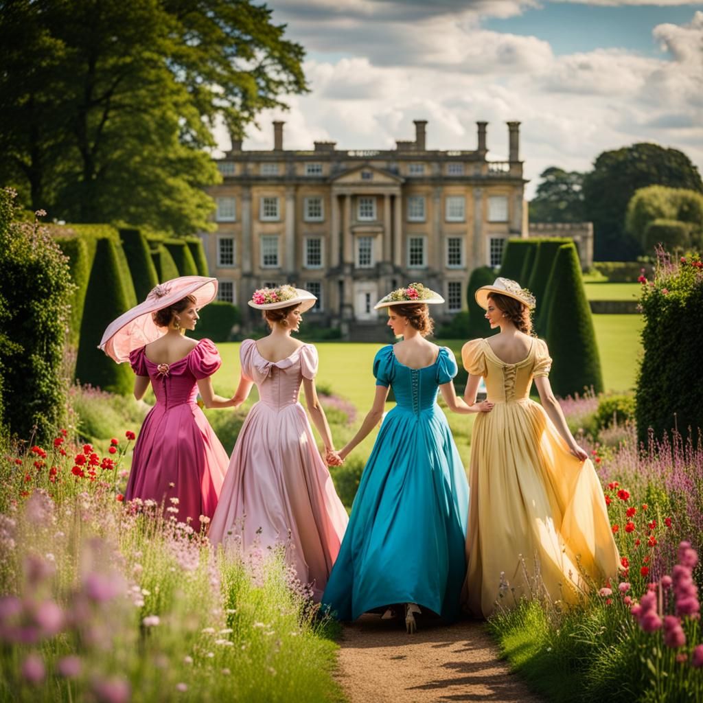 Regency Women Strolling Through Flower Field