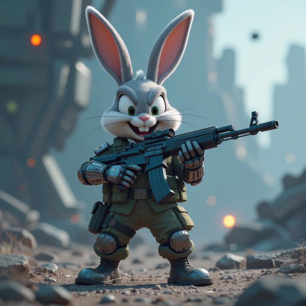 Bugs Bunny as Rambo in Sci-Fi War Zone