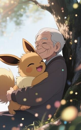 Touching Anime Scene: Old Man and Eevee Embrace