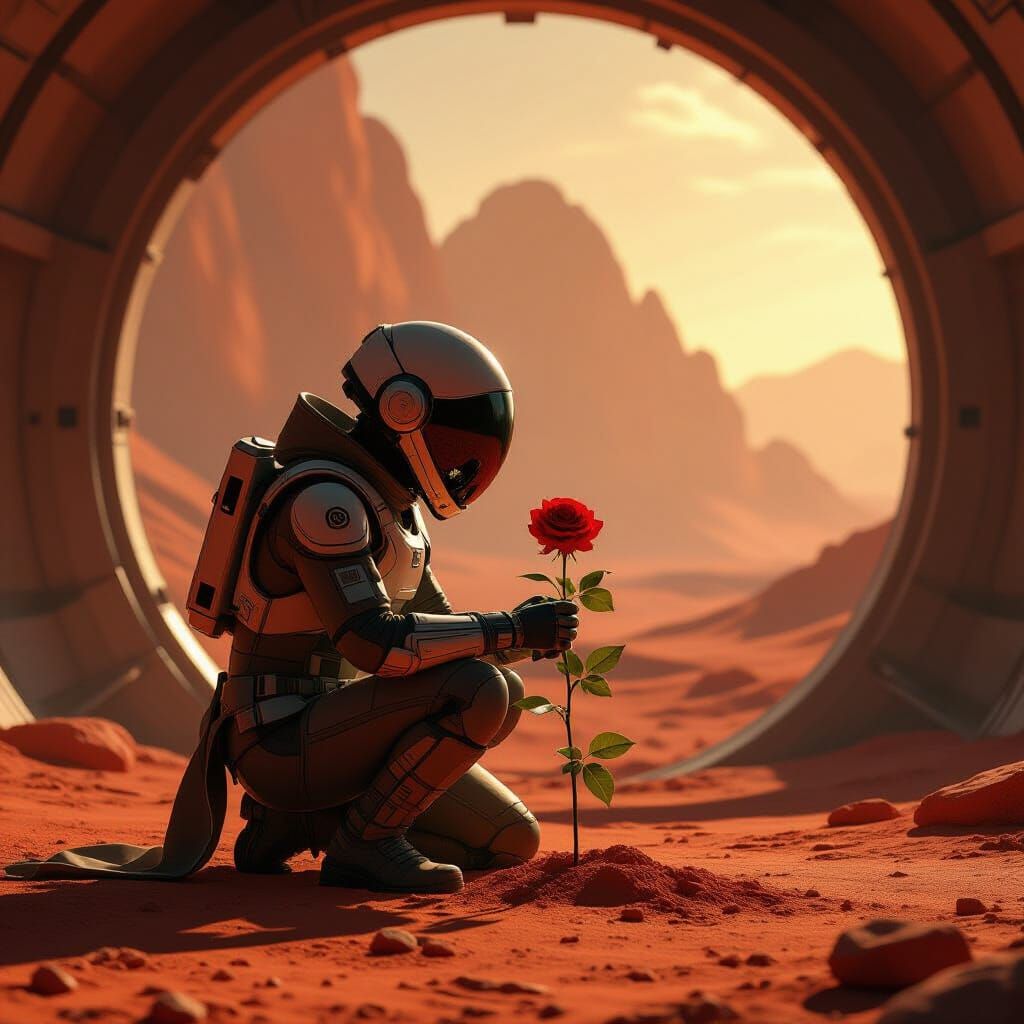 Explorer Tends Rose on Alien Planet