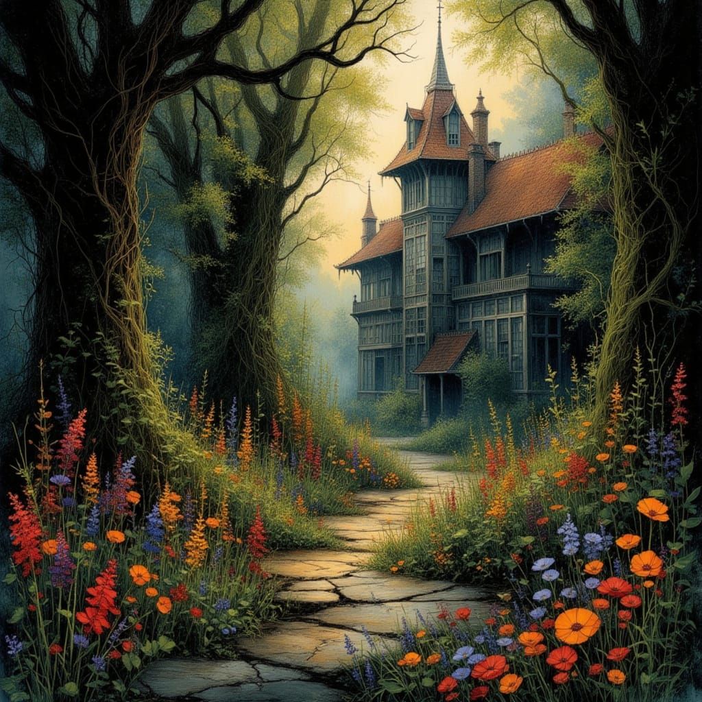 Eerie Greenhouse in Gothic Mansion, Scratch Art Style