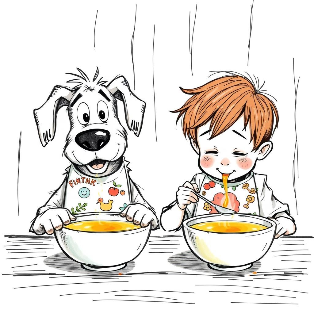 Boy and Dog Share Soup: Pencil Sketch with Watercolor Accent...