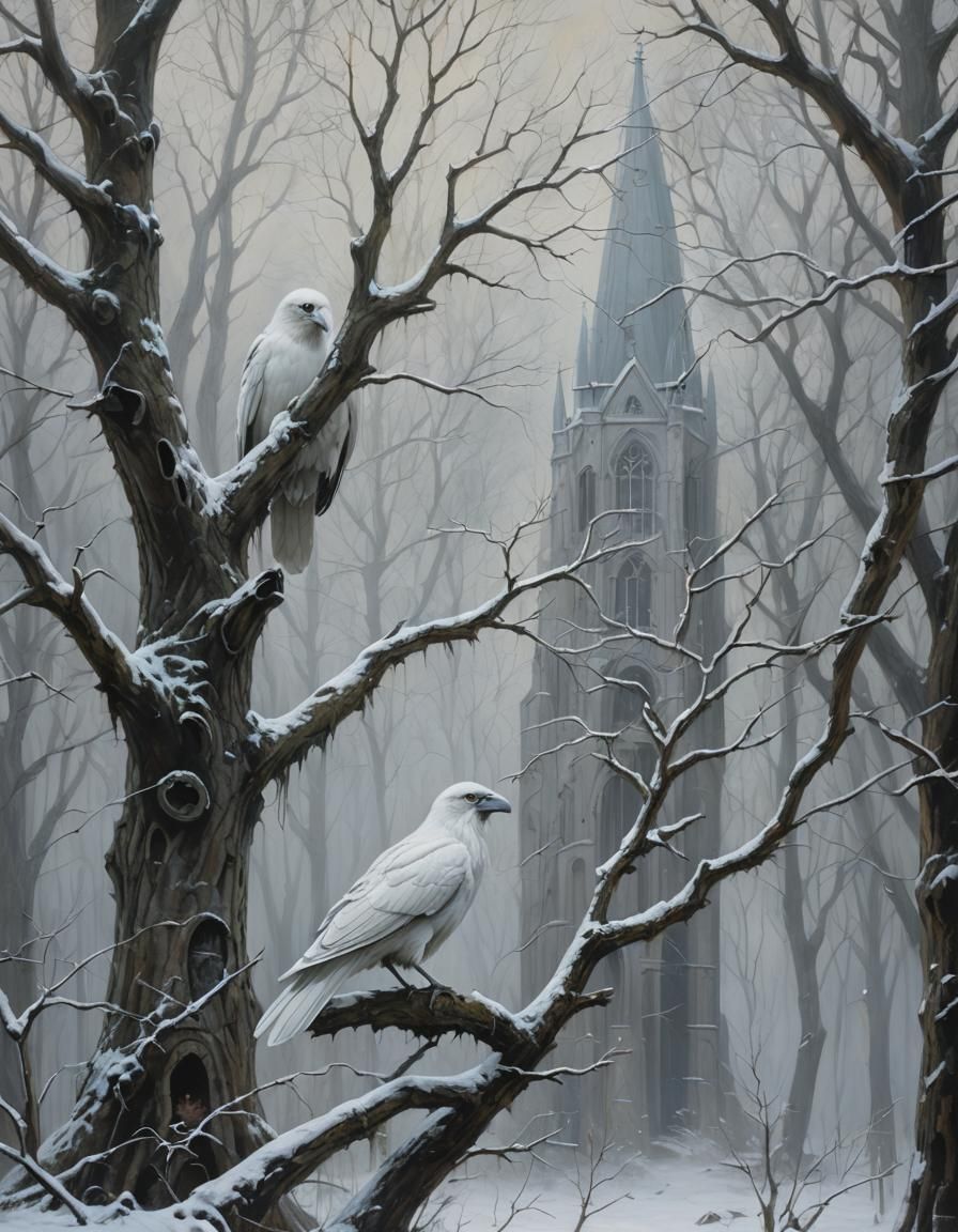 Eerie White Raven in Haunted Gothic Woods