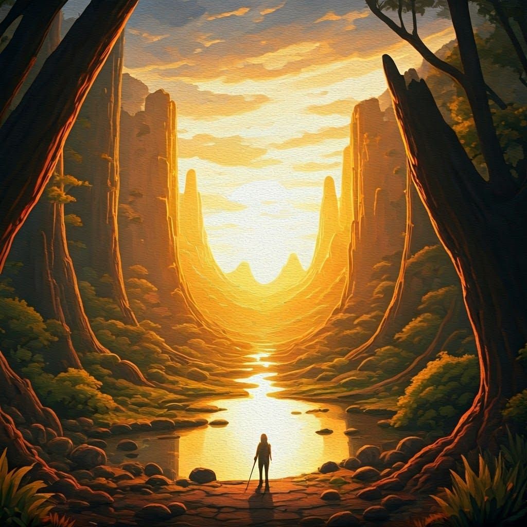 Golden Fantasy Landscape Oil Painting