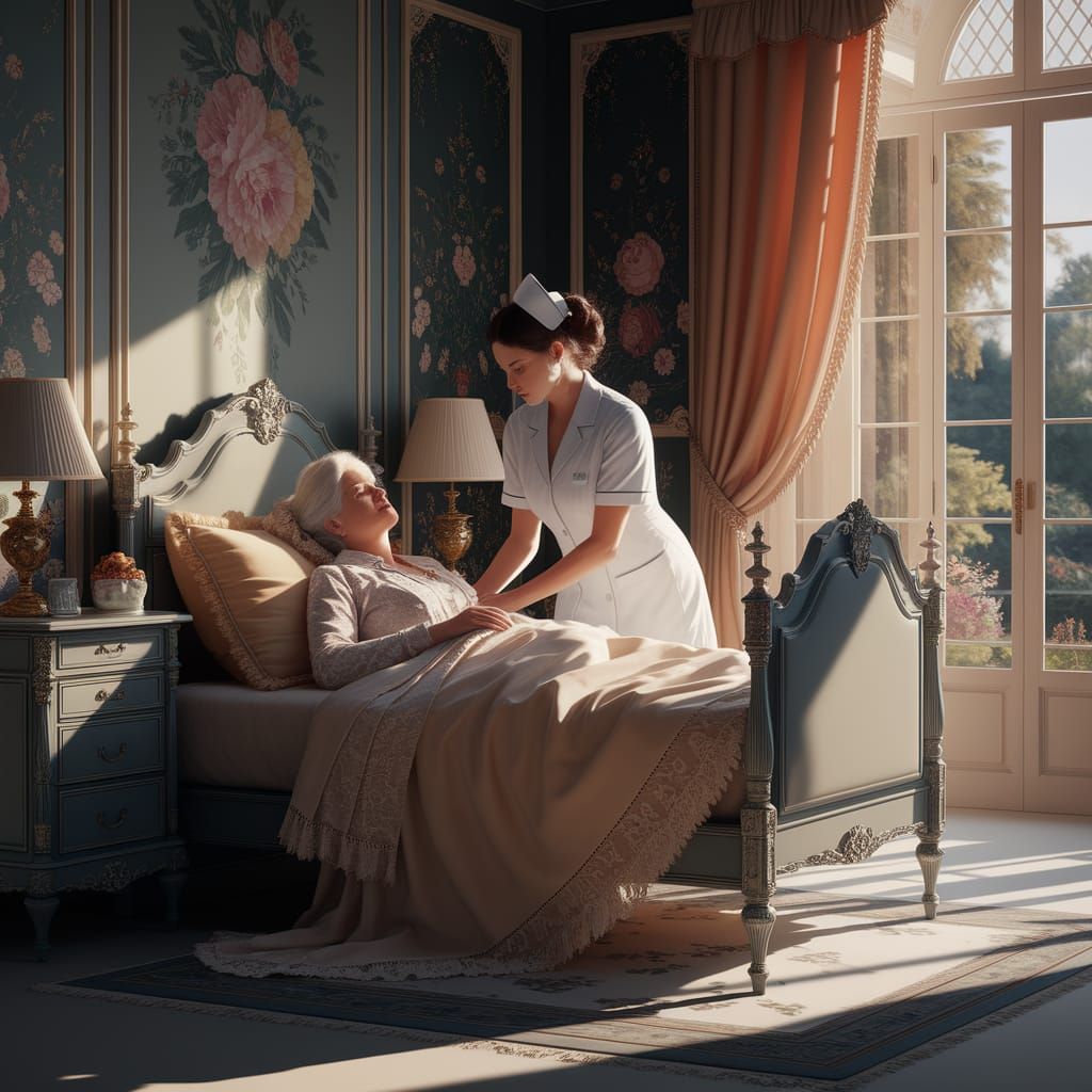 Caring Nurse and Elderly Woman in Sunlit Bedroom