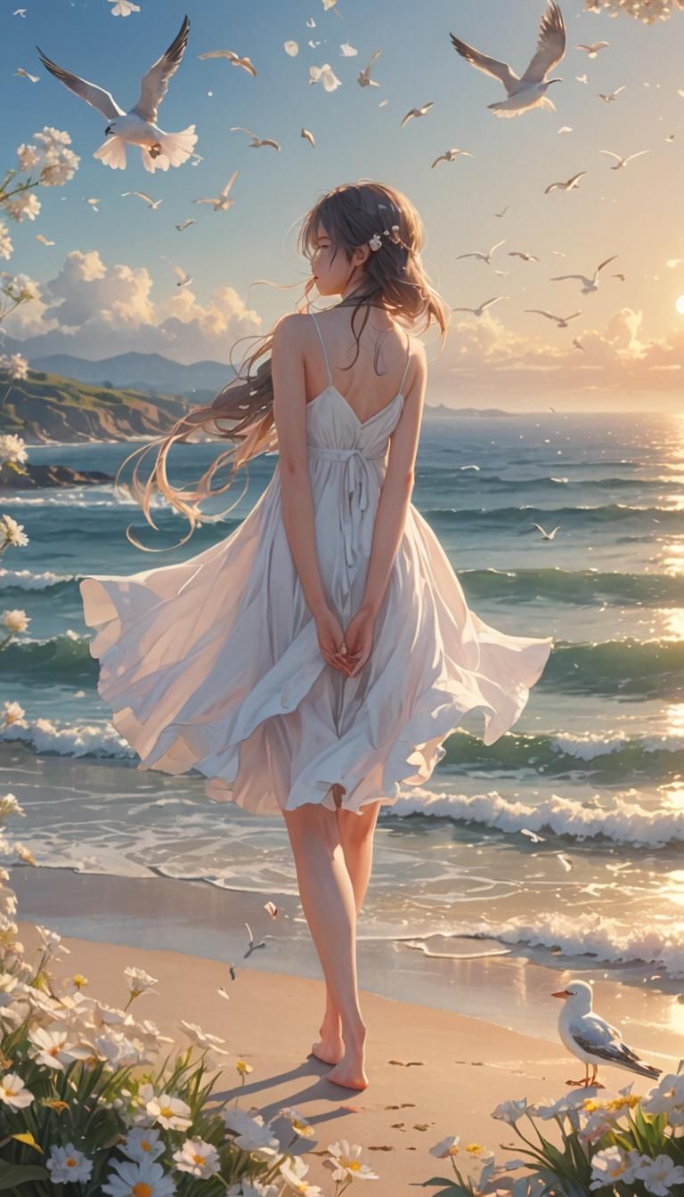 Woman at Ocean's Edge in Dreamy 3D Anime Style