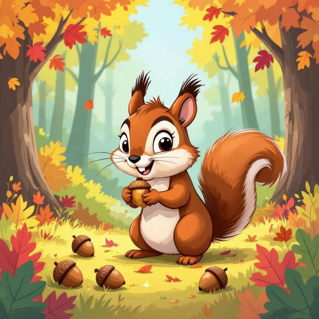 Mischievous Squirrel Cartoon in Vibrant Forest