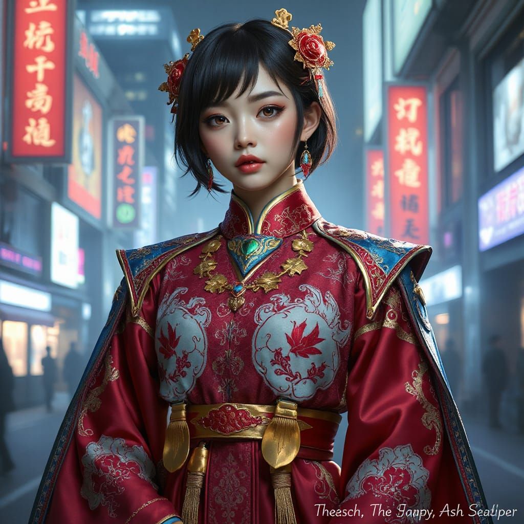 Futuristic Hanfu Girl in Neon Cityscape