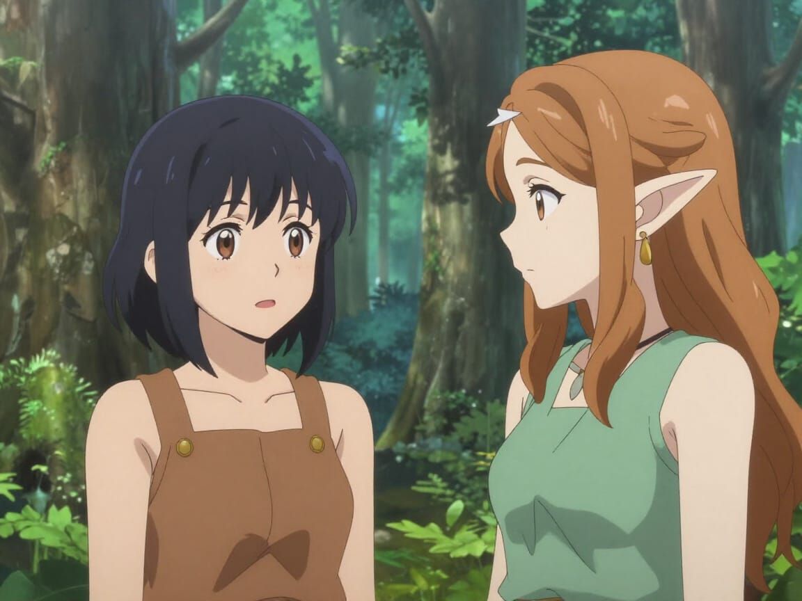 Anime Women Befriend Elf in Enchanted Forest
