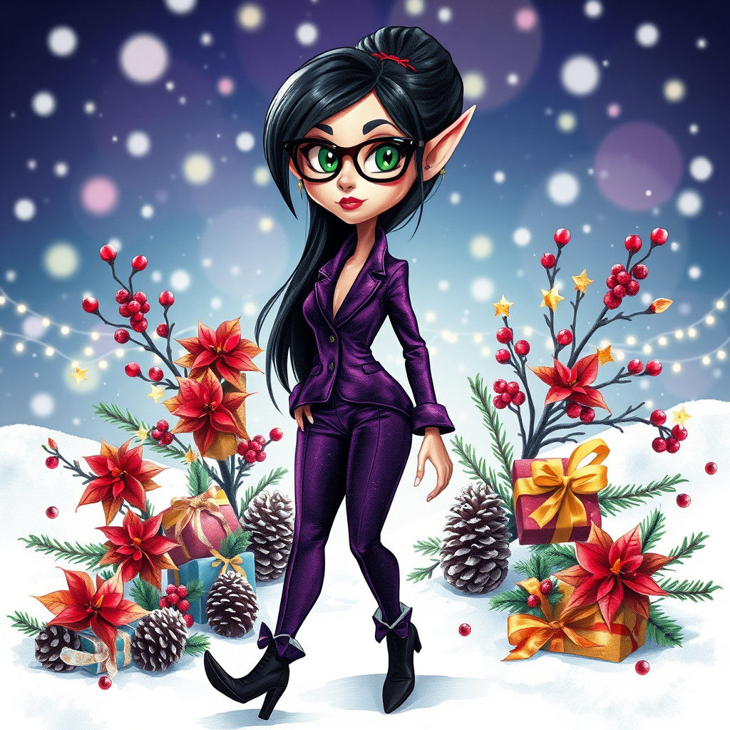 Whimsical Christmas Elf Punk Girl in Watercolor Style