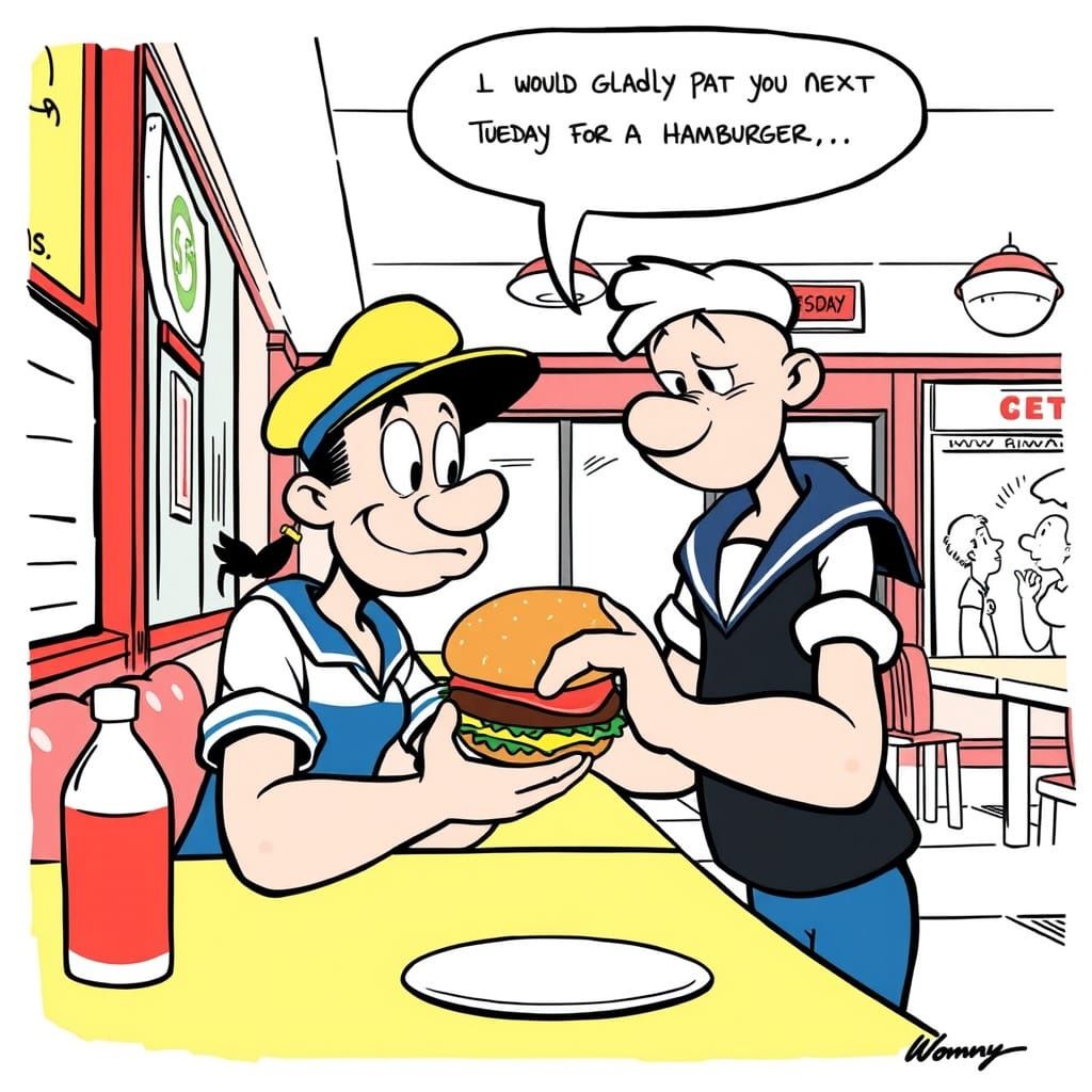 Popeye Buys Wimpy a Burger in Comic Book Style