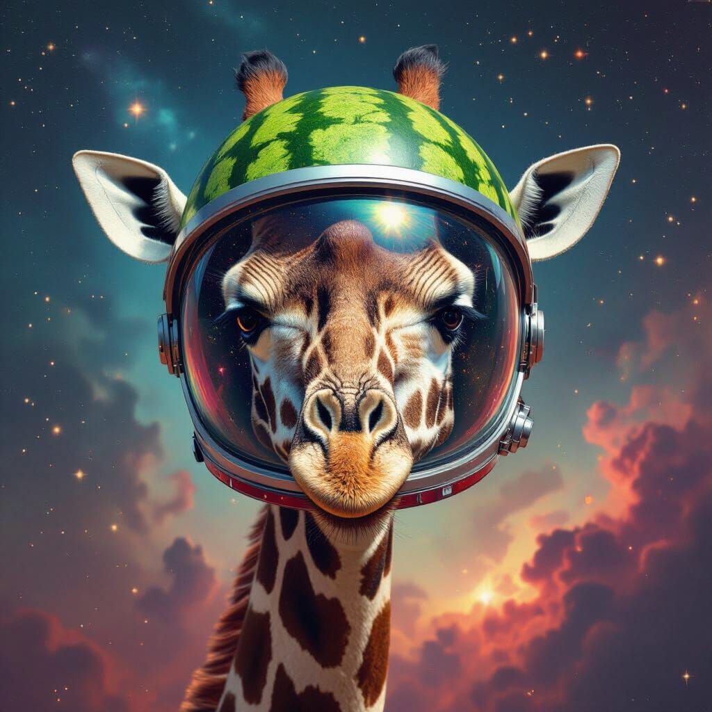 Surreal Giraffe Astronaut with Watermelon Body