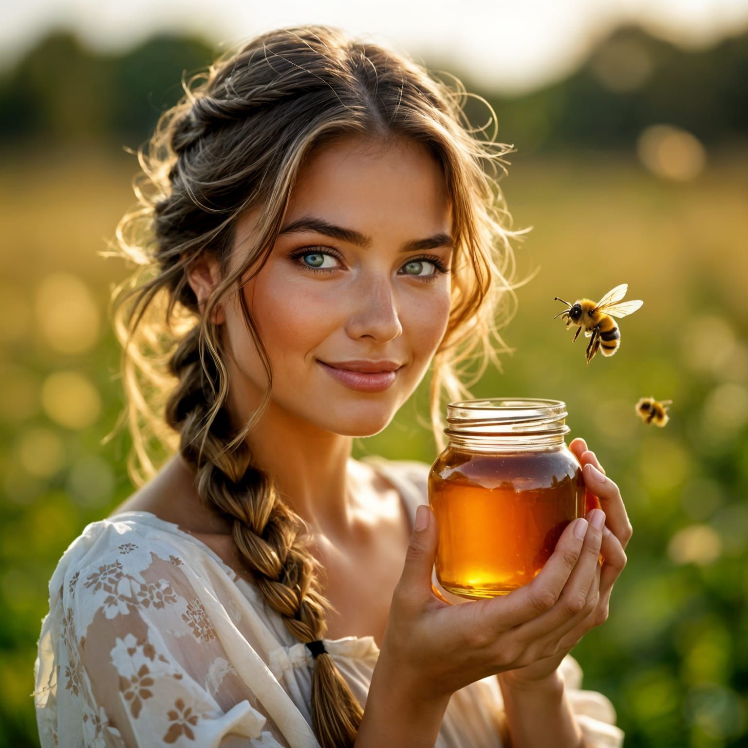 Woman with Honey Jar in Sunny Meadow: Film Still