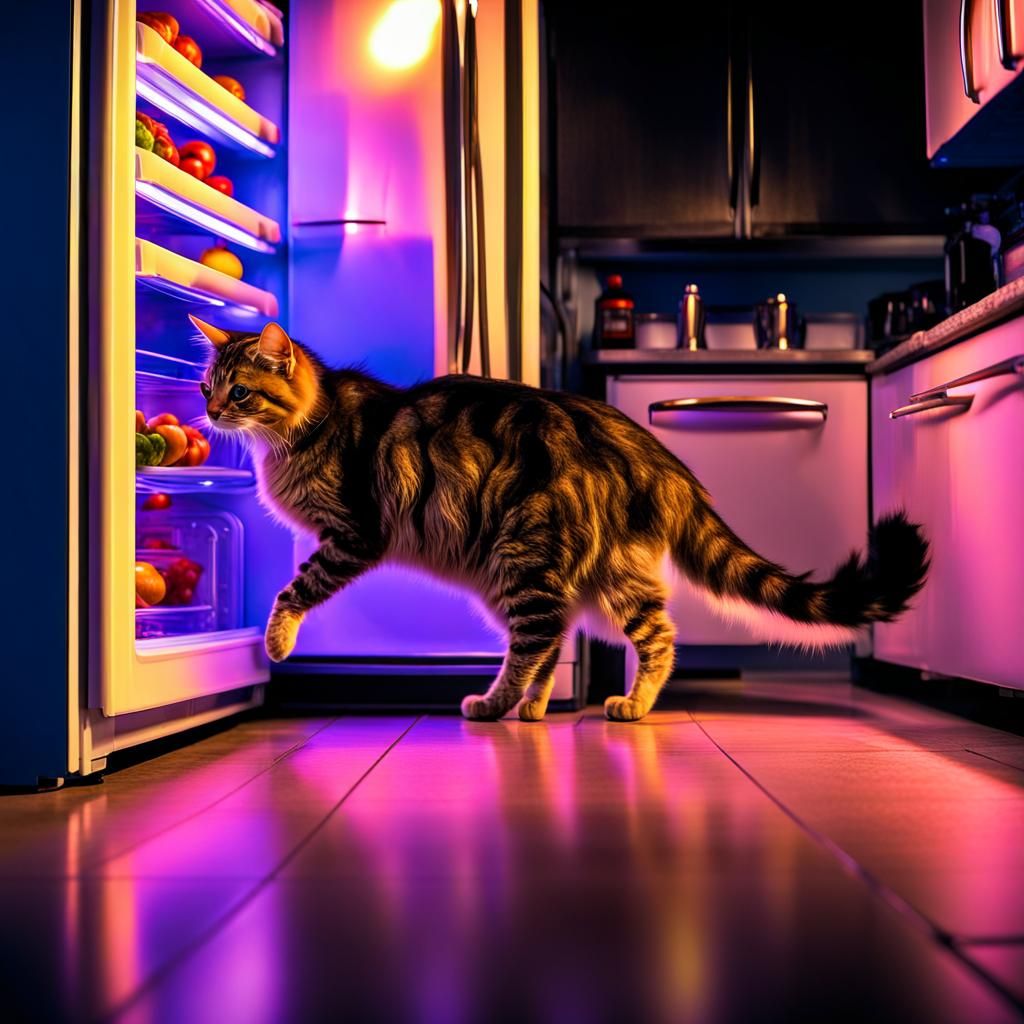 Fluorescent Cats Raid Fridge in Dark Kitchen