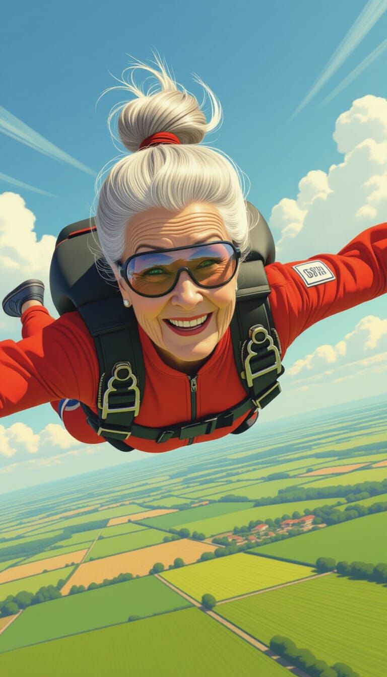 Elderly Woman Skydiving in Vintage Travel Poster Style