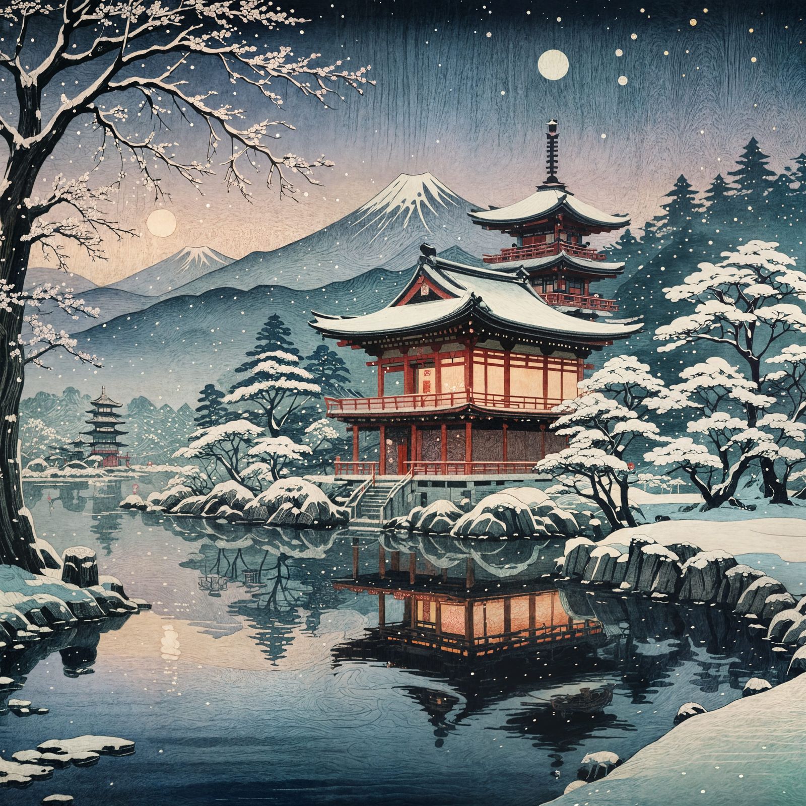 Japanese Temple in Winter: Ukiyo-E Style