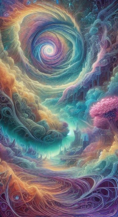 <lora:Uncanny Scenery:1.0> In the realm of surreal fantasy, reality bends and twists into a flourescent kaleidoscope of ...