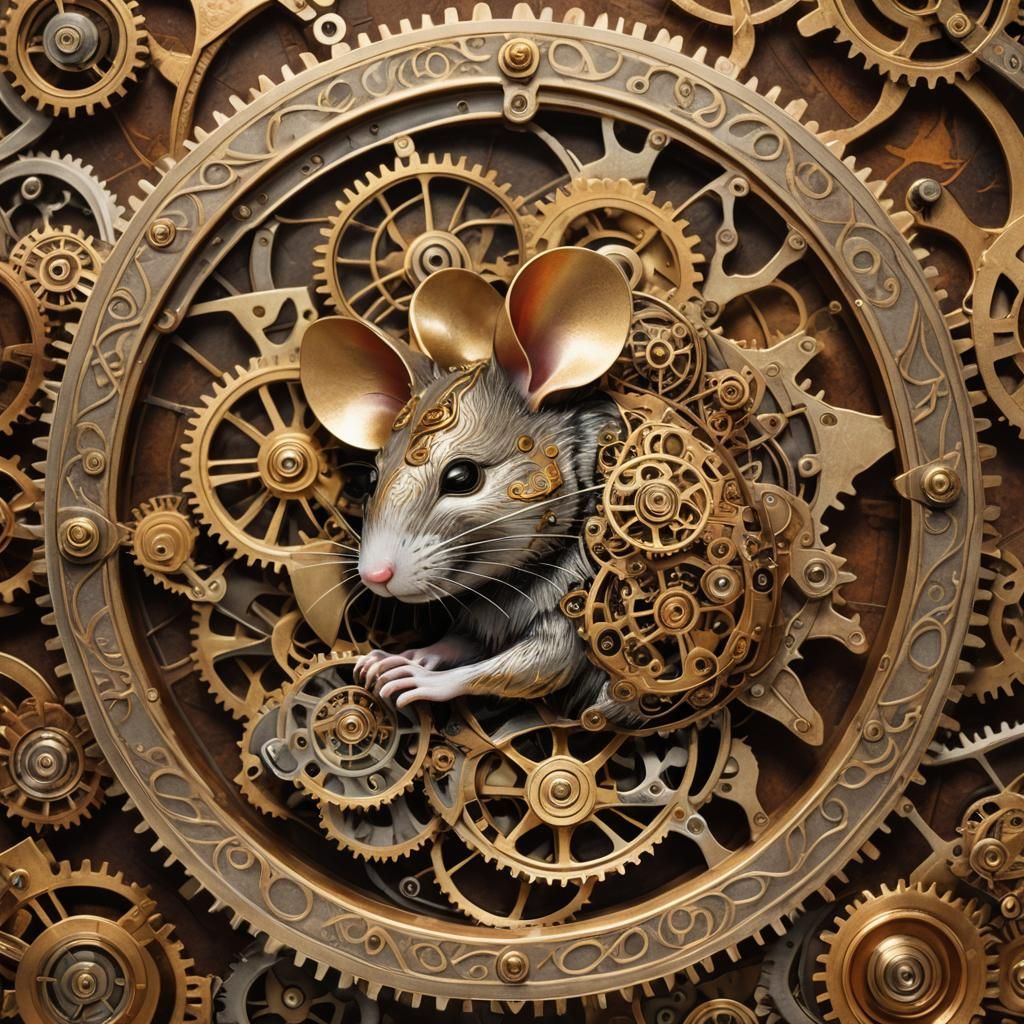 Steampunk Mouse Sleeping in Gear Flower