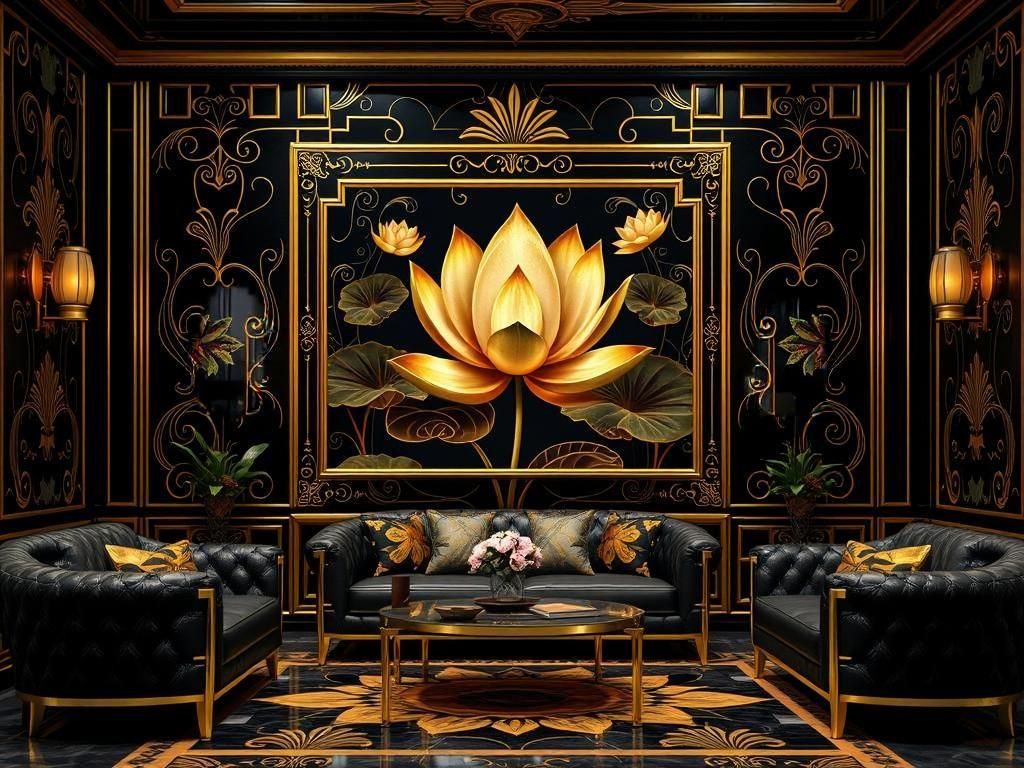 Art Deco Black-Gold Luxury Interior in 3D
