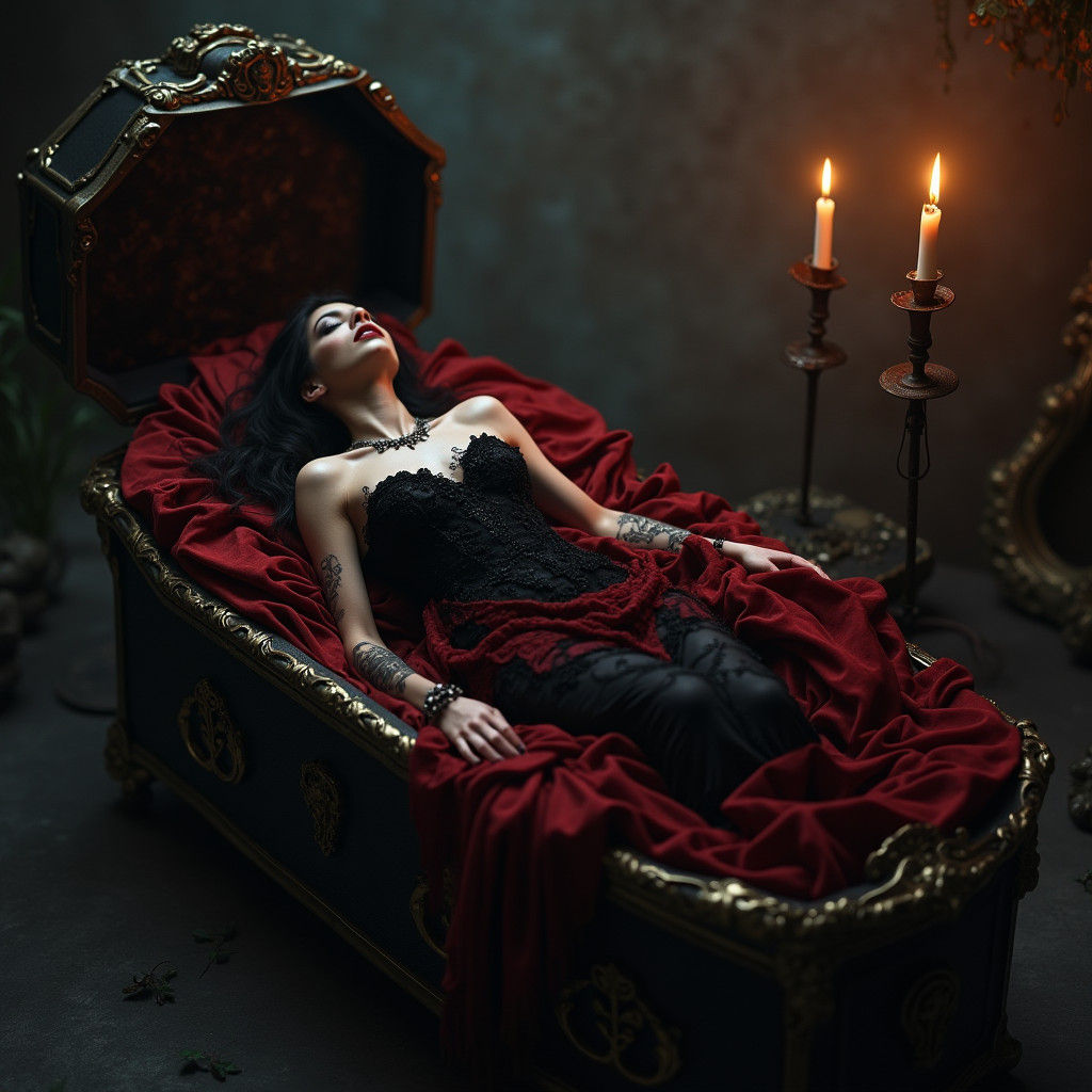 Gothic Vampire in Coffin, Dark Fantasy Art