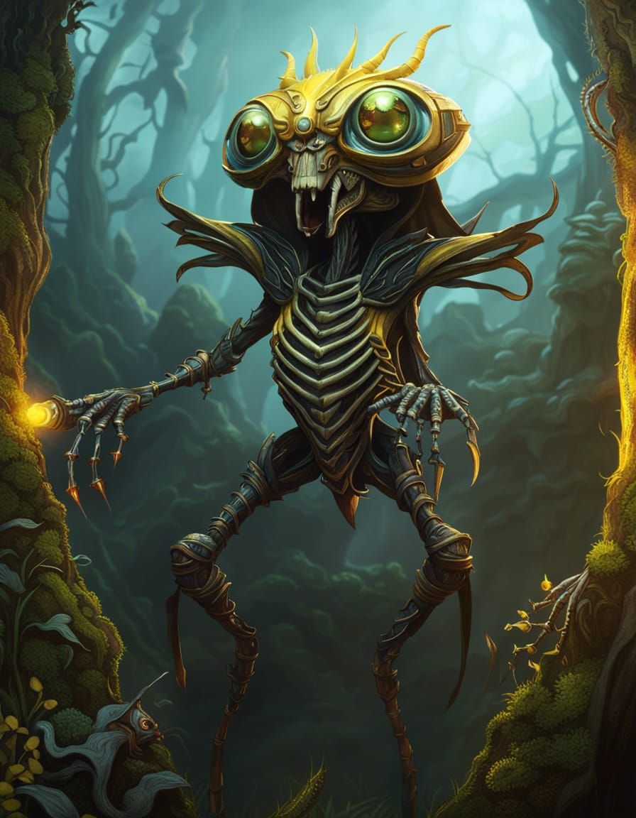 Eerie Gremlin Skeleton in Slimy Garden: Horror Art