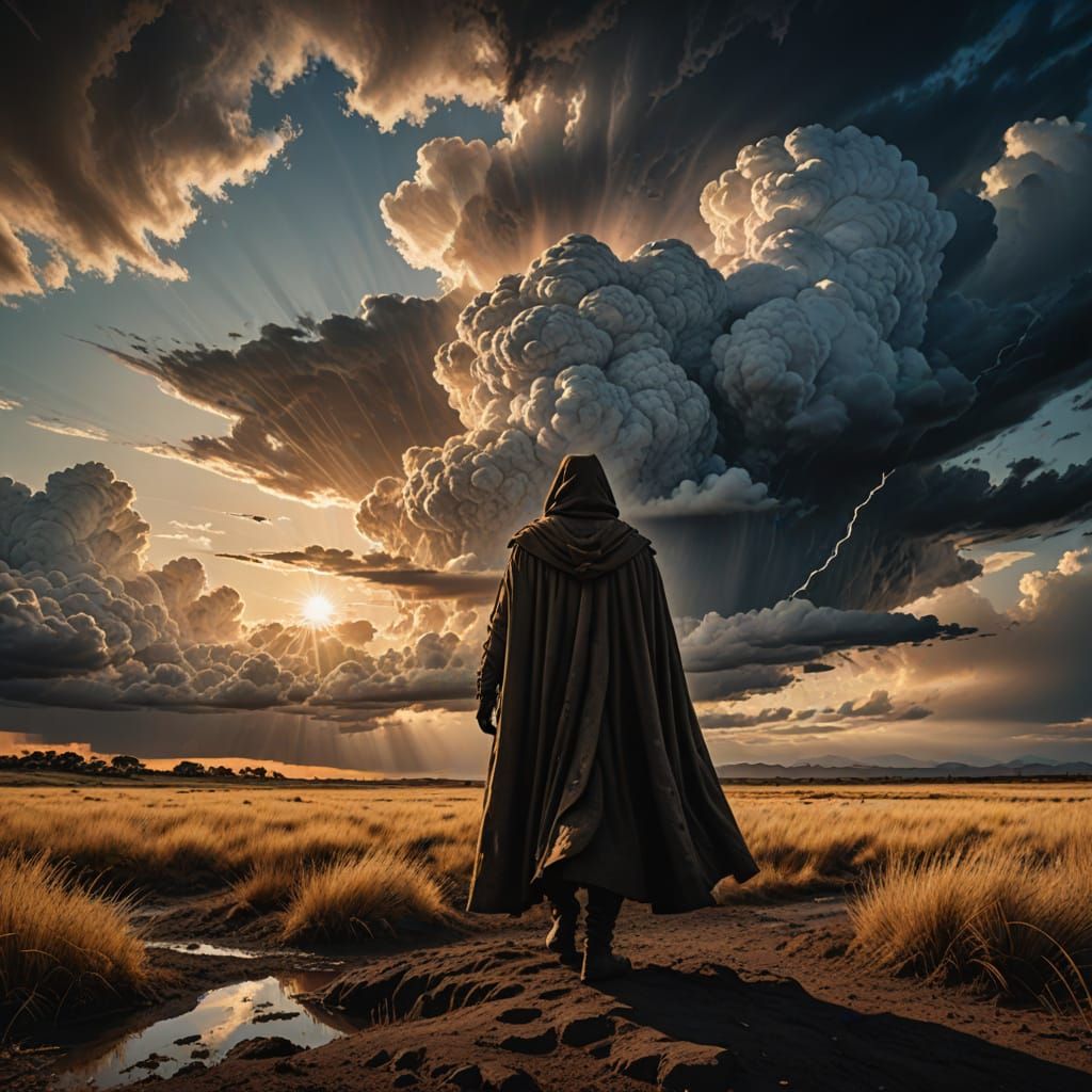 Warrior Against Tempestuous Sky in Muted Earth Tones