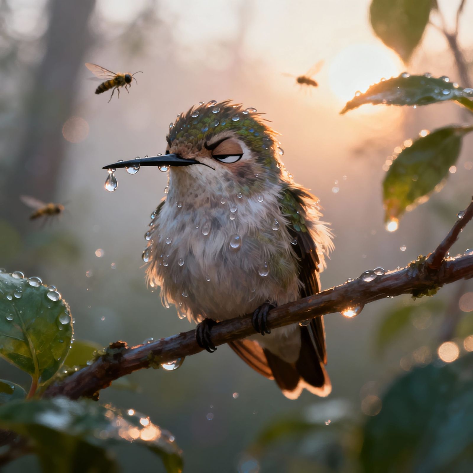 Sleepy Hummingbird at Dawn, Dewy Feathers