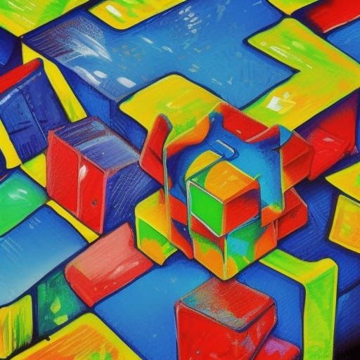 Rubik's Cube in Water, Expressionist Oil Painting